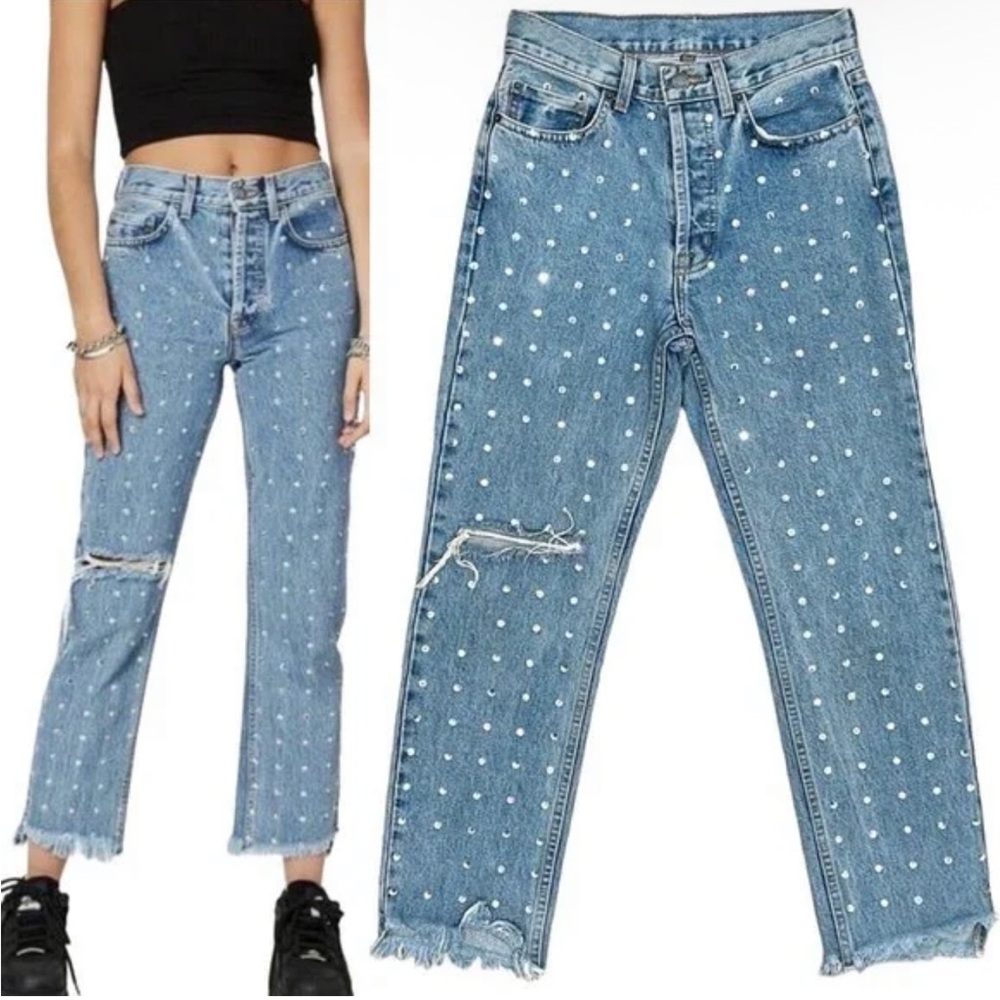 Carmar Emelia Straight Leg Rhinestone Ankle Jeans in Astra Wash Women's Size 28
